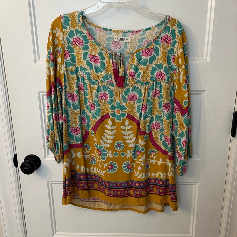 Natural Life Floral Blouse - Pink, Teal, and Mustard Yellow